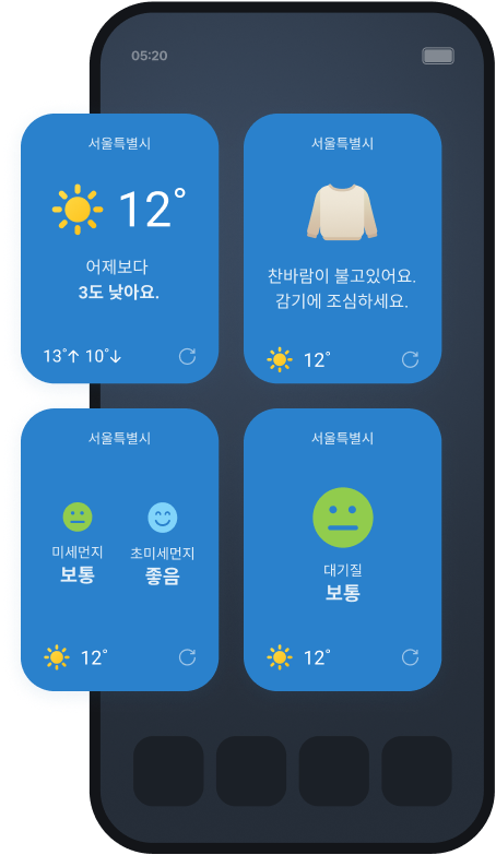 체감 정보로 확장한 위젯 4종이 놓인 홈 화면